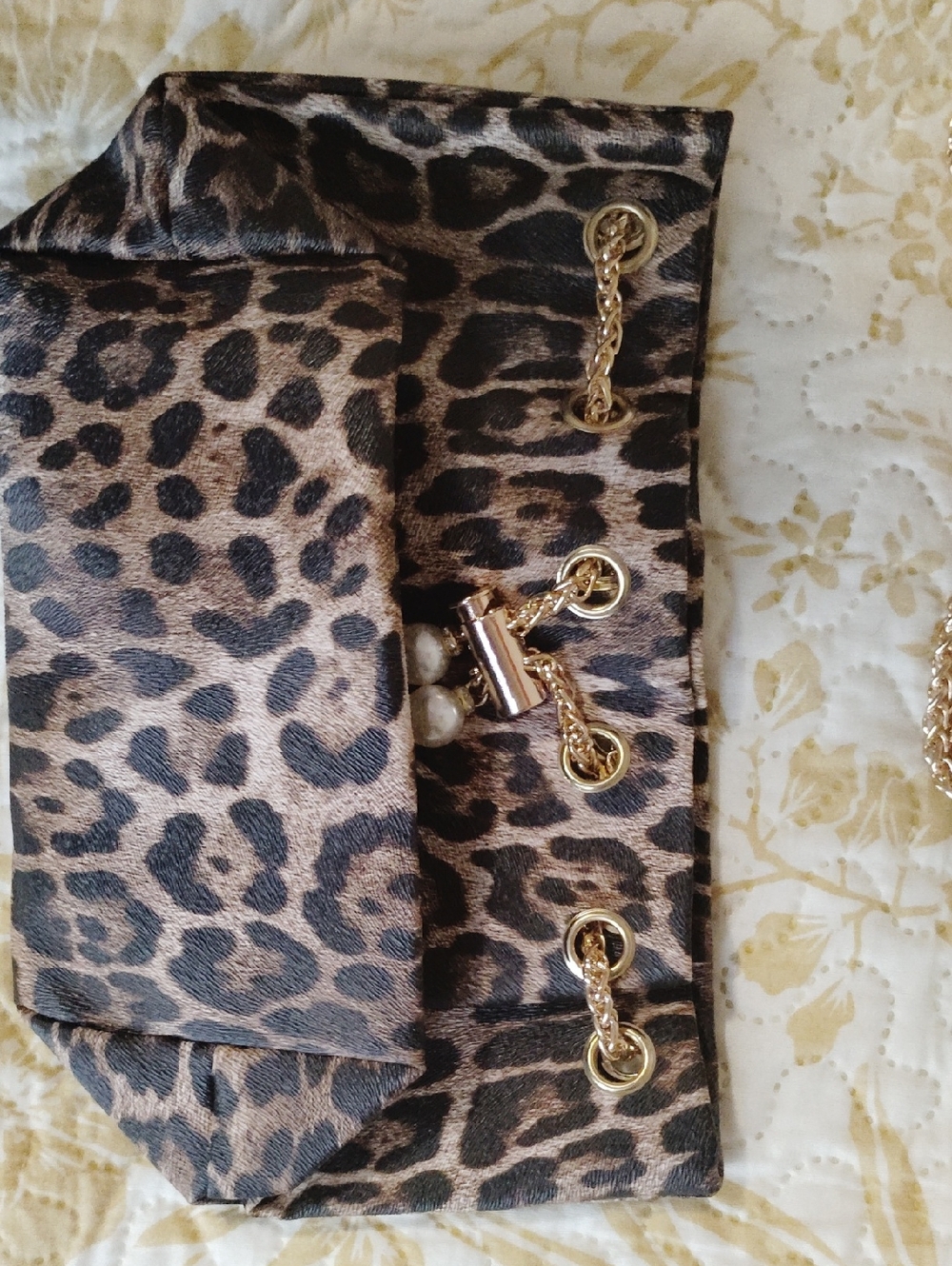 Leopard Print Chain-Accent Clutch - Brown